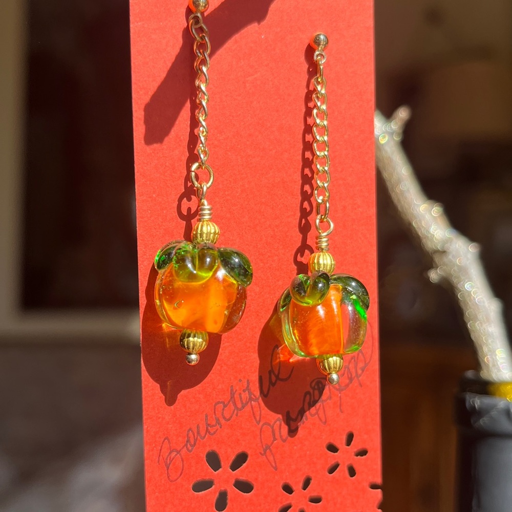 Pumpkin Fall Halloween Whimsical Orange Gold Chain Dangling  Glass Earrings - Picture 6 of 14